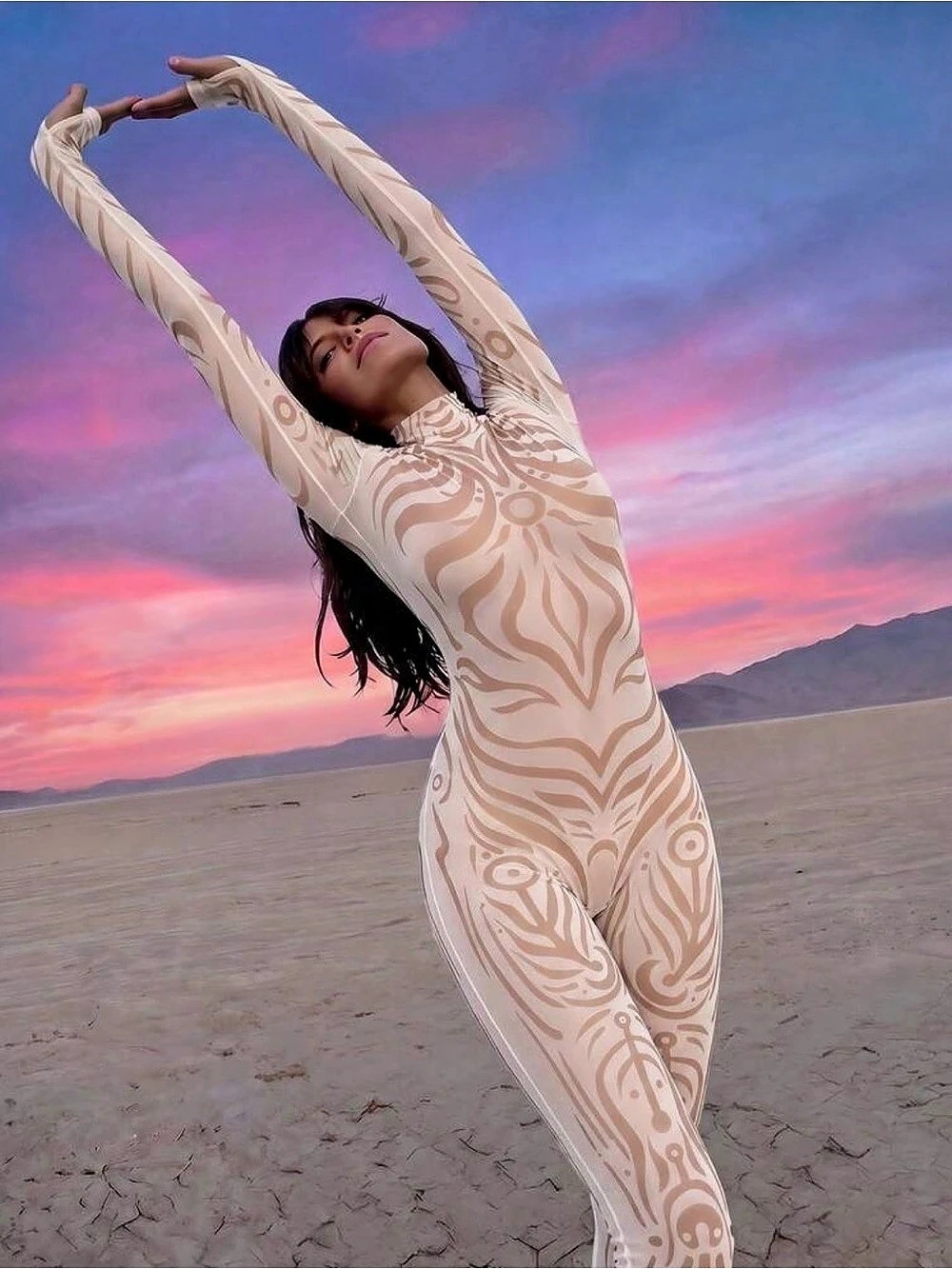 Mesh Costume Jumpsuit in Cream & Brown